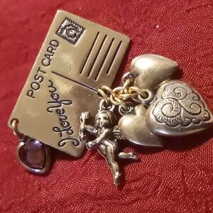 Postcard with charms lapel pin coat pin I love you w/ purple heart brass finish